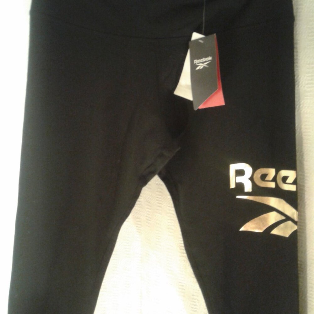 New! Reebok Black Leggins with Gold Accent